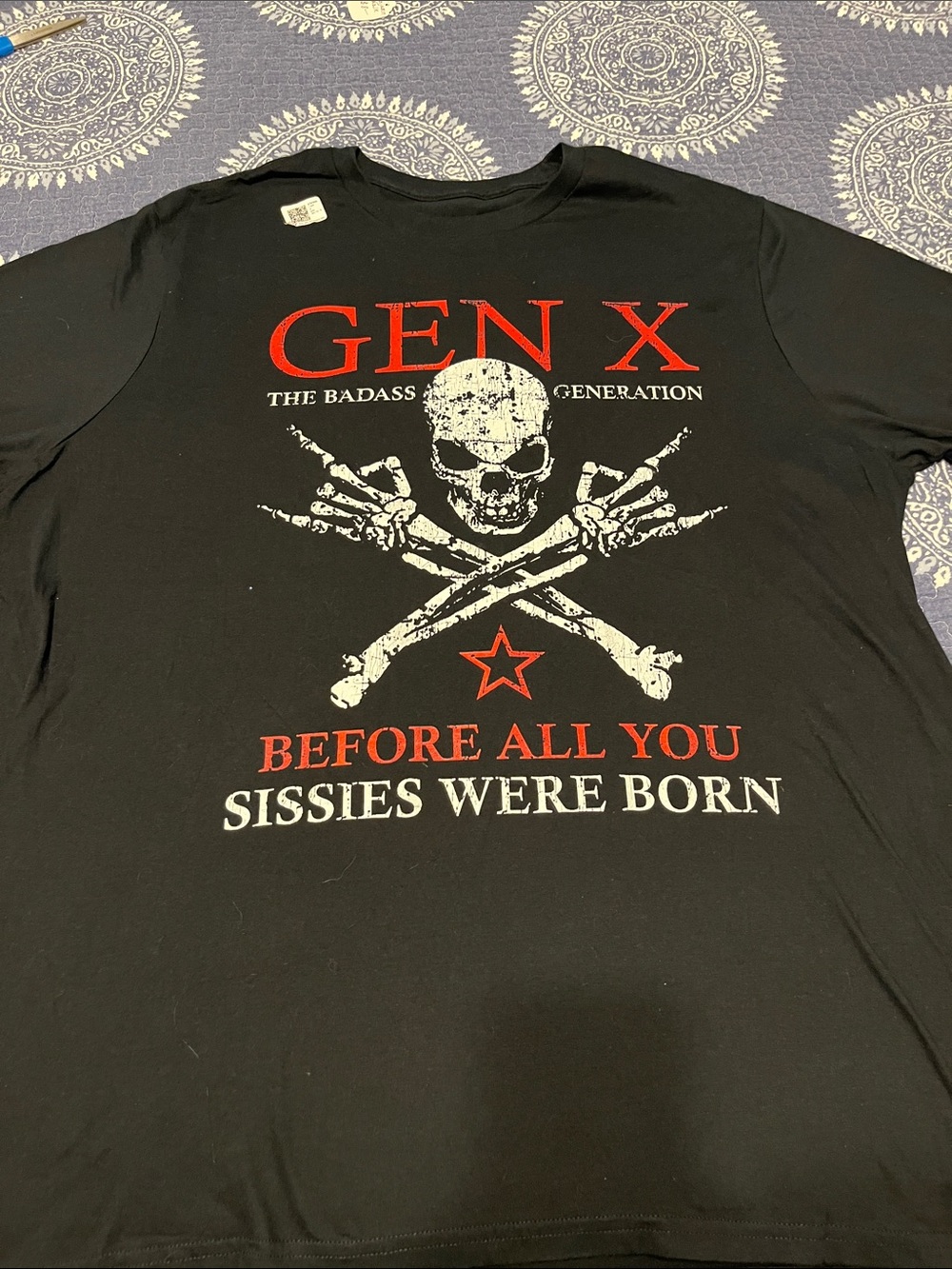 Gildan Black GEN X Skull & Crossbones Graphic Tee with Red Accents